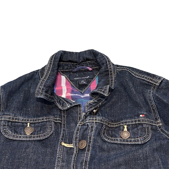 TOMMY HILFIGER girl's dark wash colourful plaid lined denim jacket, L (12-14). - Picture 5 of 6